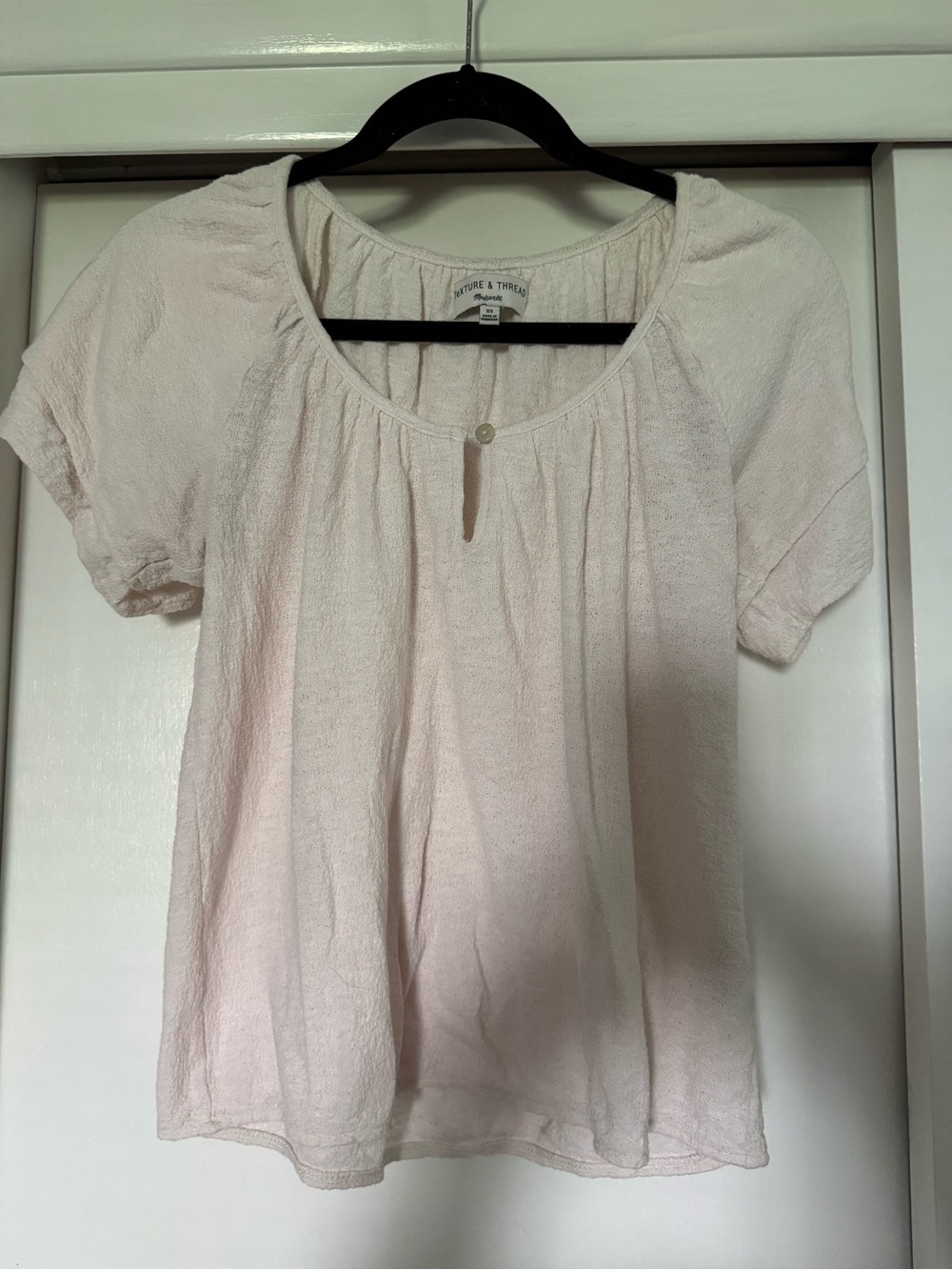 Madewell Cream Short Sleeve Scoop Neck Blouse with Button Detail